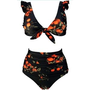 COCOSHIP Retro Floral High Waisted Shirred Bikini Set Tie Front Closure